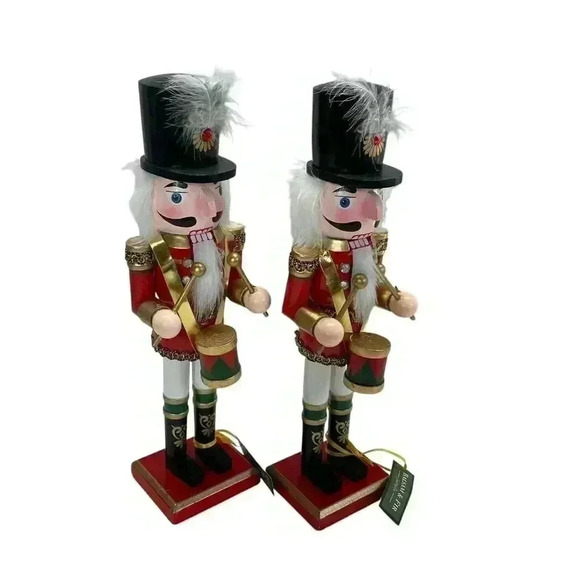 Wood Christmas 15" Nutcracker Set Drummer Soldier Top Hat Red Gold Holiday Decor - Picture 2 of 4